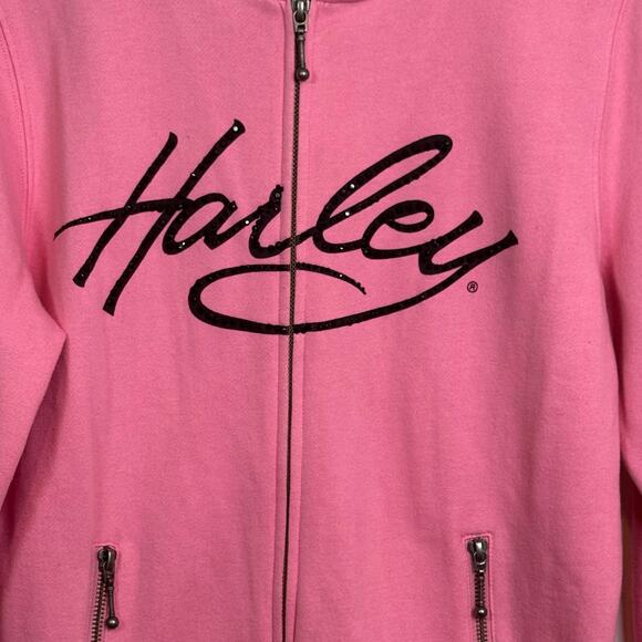 Harley Davidson Women's Large Bling Pink Label Zip Up Hoodie Sweatshirt - Picture 3 of 6